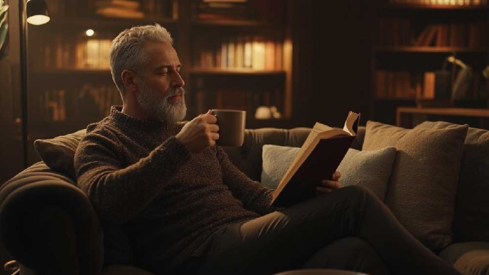 A relaxed 50-year-old man reading a book with a cup of coffee in his stylish living space