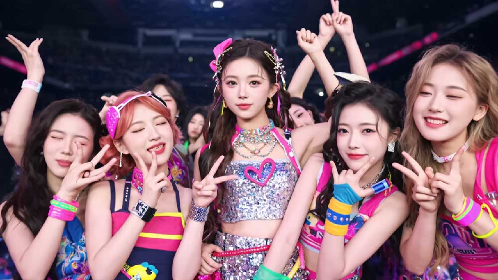 A group of fans wearing K-Pop-inspired outfits and accessories, showing their love for their favorite idols