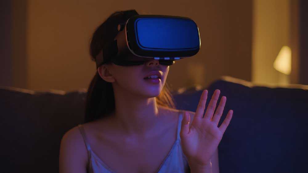 A VR user exploring AI-generated content in a virtual adult entertainment environment.