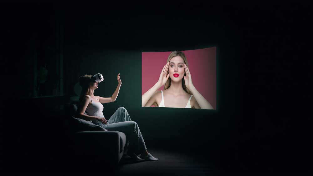 A person wearing a VR headset interacting with an AI-generated adult model.