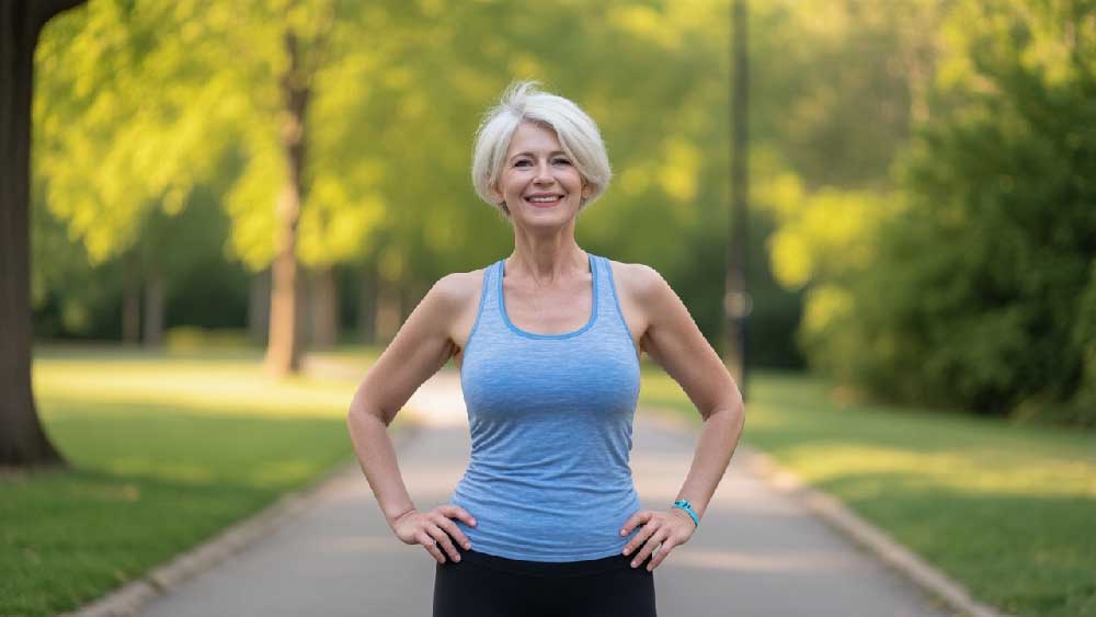 A happy woman in her 50s enjoying the post-run feeling of accomplishment and relaxation