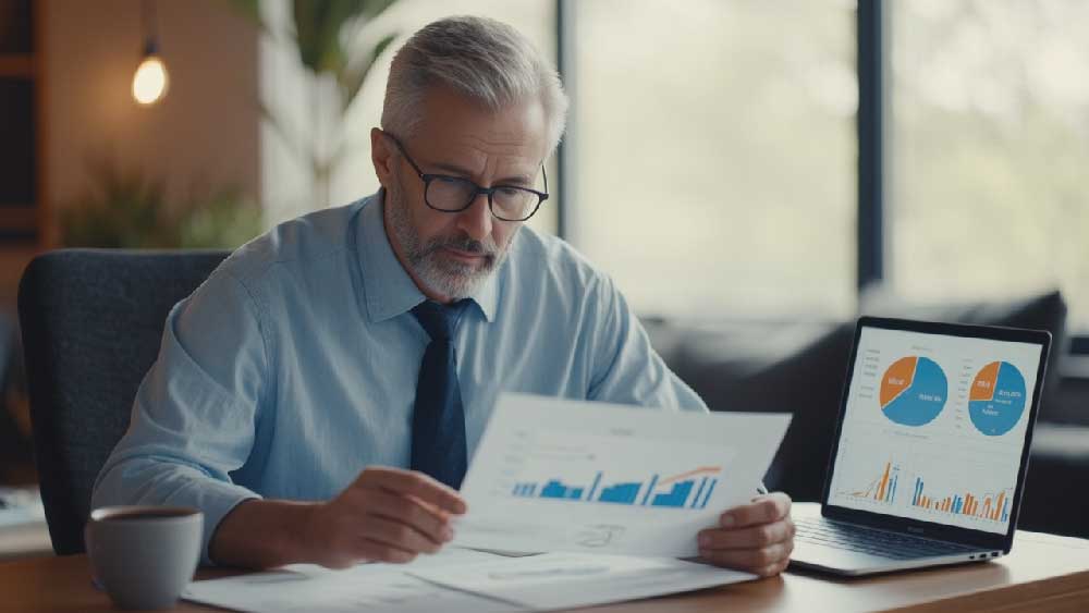 A 50-year-old man reviewing his financial investments for early retirement