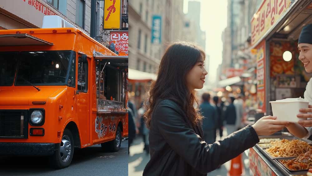 A Korean food truck with a line of customers at a street fair in the U.S.