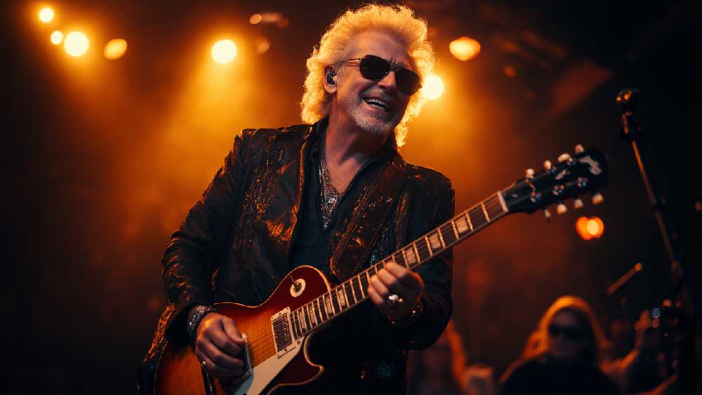 A 50-year-old man performing on stage with his guitar at a local music venue.