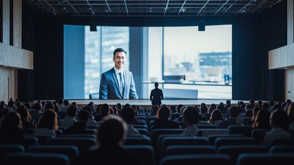 A futuristic corporate VR event with AI-powered deepfake brand representatives.