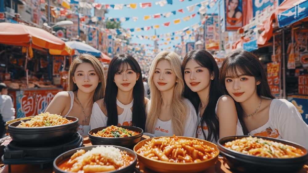A diverse group of K-Pop fans enjoying a cultural event with Korean food and performances