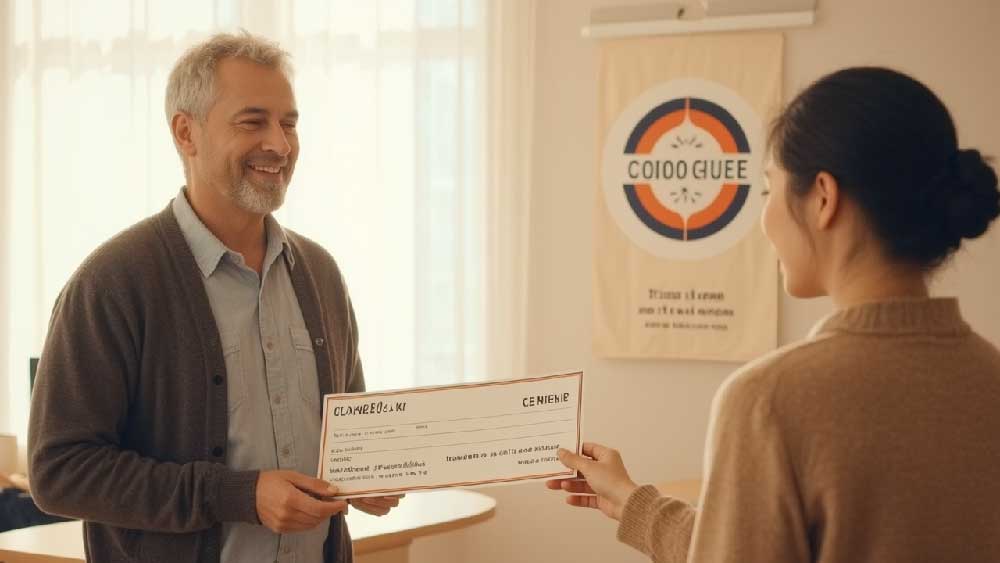 A generous lottery winner handing over a donation check to a charitable cause