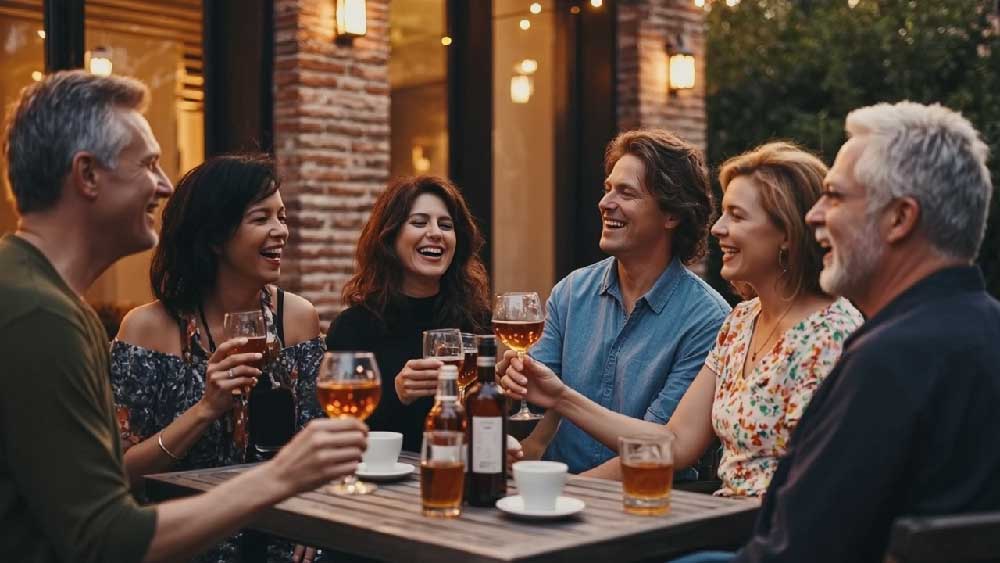 A group of men in their 50s enjoying a social gathering with laughter and drinks.