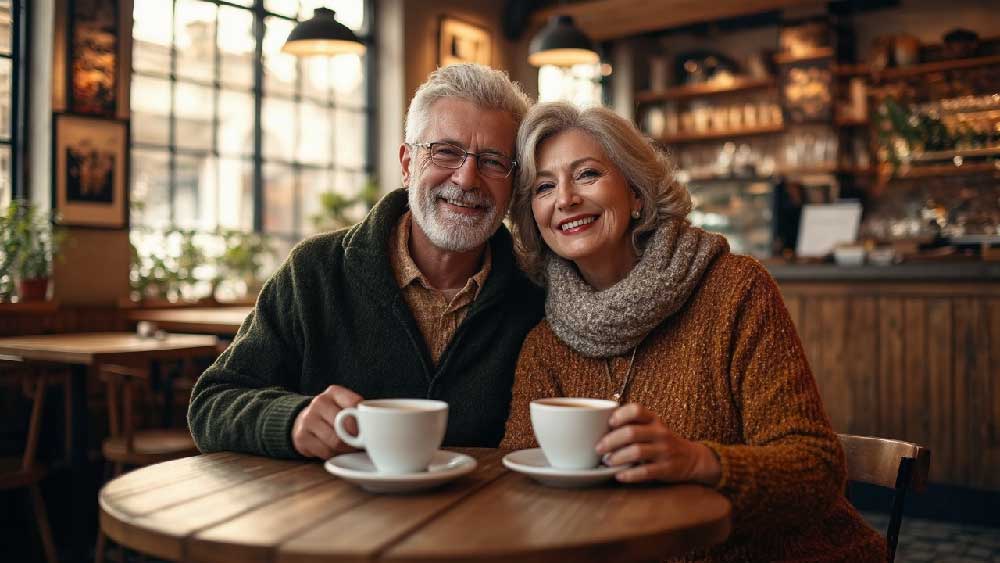 A smiling 50-year-old couple enjoying a relaxed coffee date.