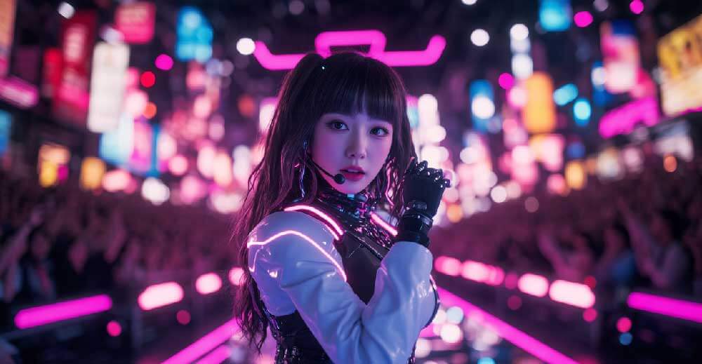 A futuristic AI-generated K-Pop idol performing on a digital stage with vibrant neon lights