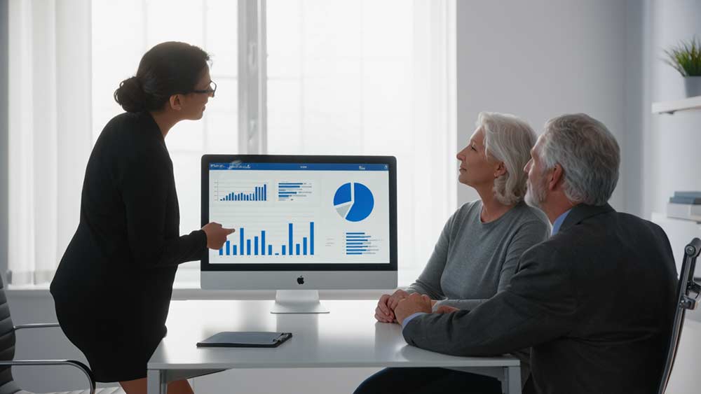 A middle-aged couple planning their retirement with a financial advisor