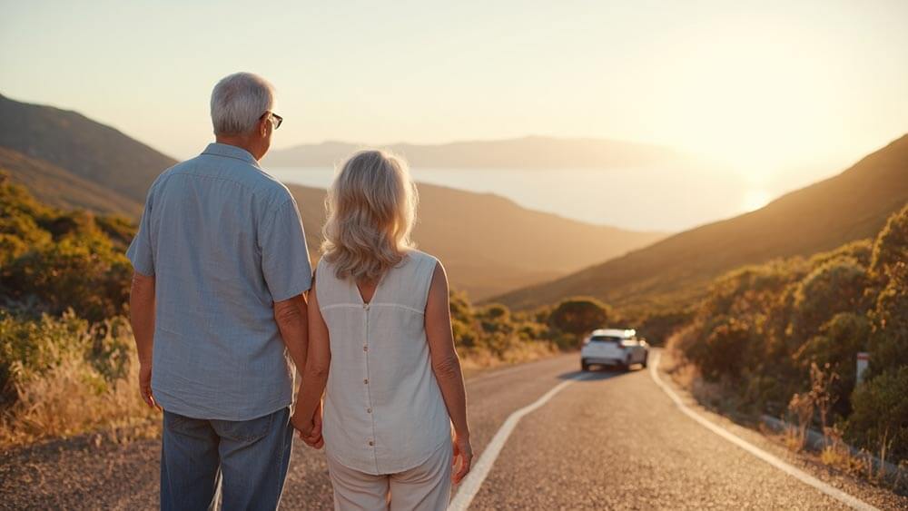 A happy senior couple taking in a scenic view during a road trip