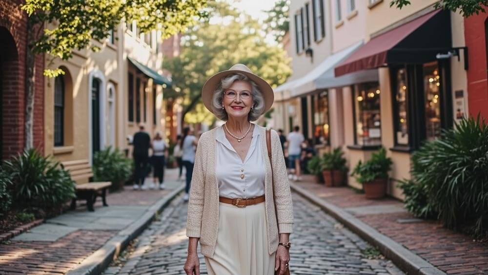 A senior traveler exploring a historic district in Charleston