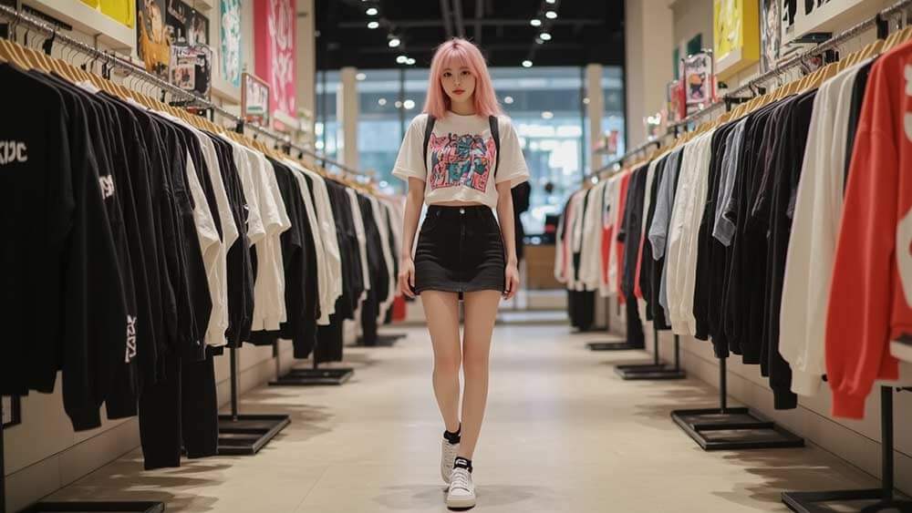A young fashion enthusiast wearing K-Pop-inspired oversized streetwear and sneakers.
