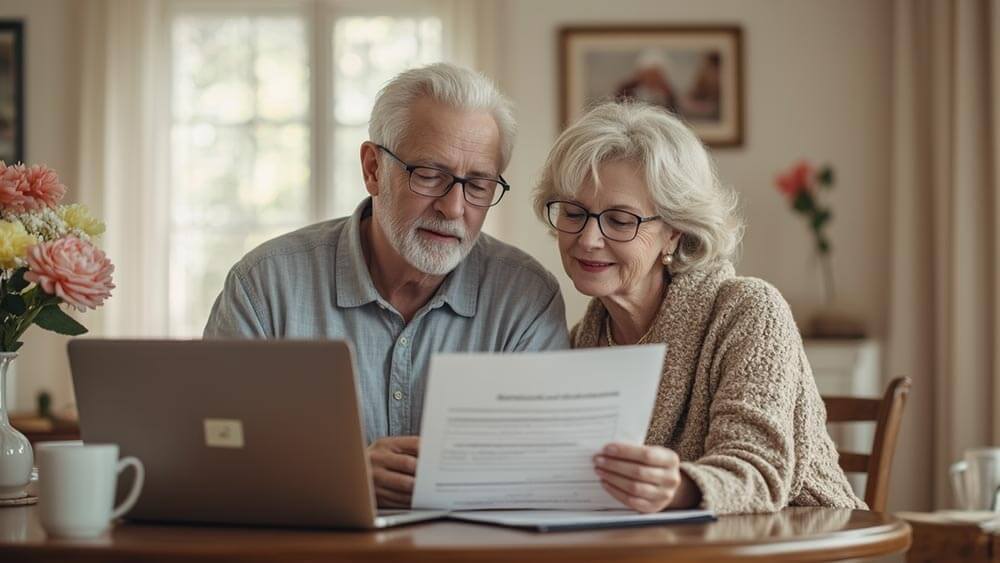 A senior couple discussing their health insurance options at home