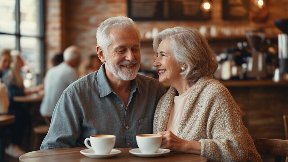 A happy senior couple on a coffee date after meeting online