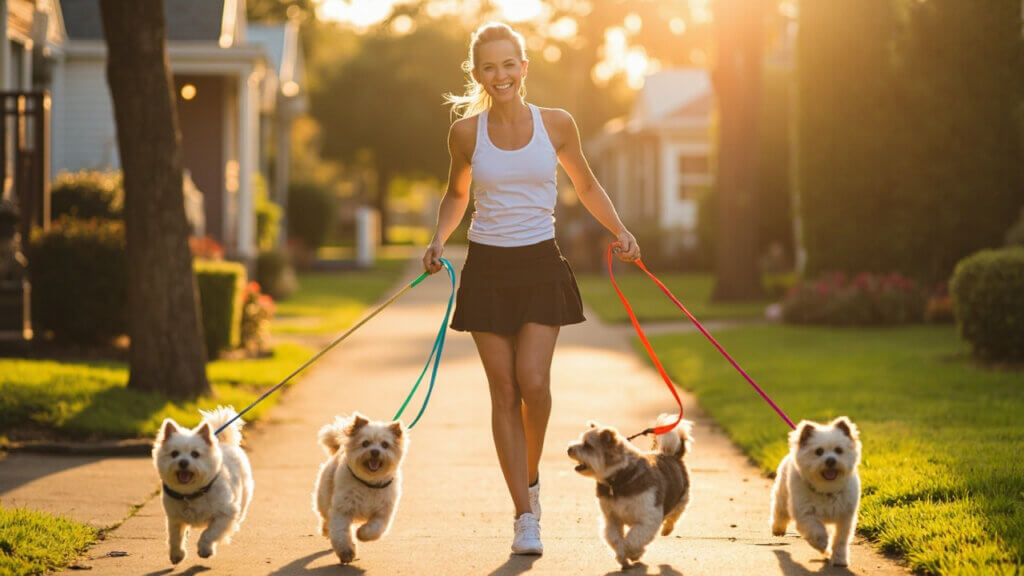A happy senior man walking dogs as a side hustle in retirement