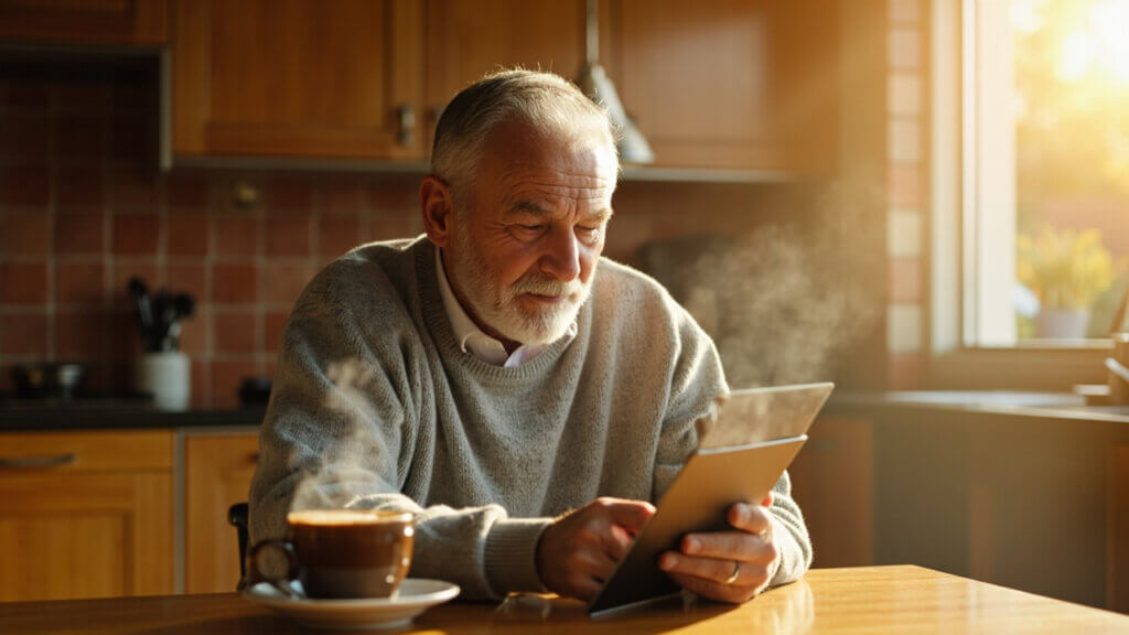 A 65-year-old retiree checking his investment returns on a tablet at his breakfast table