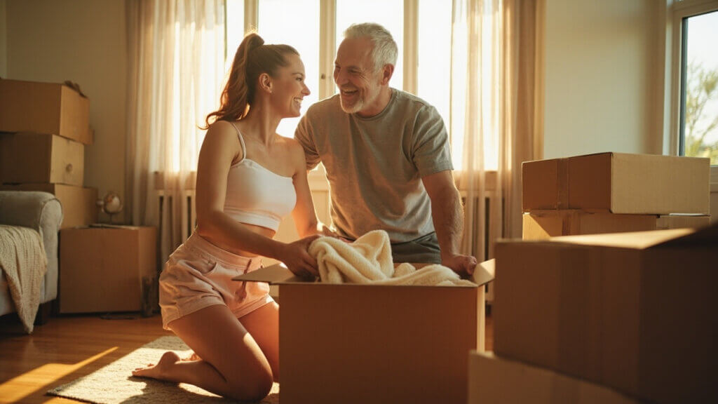 A cheerful retired couple organizing and packing up their belongings before downsizing
