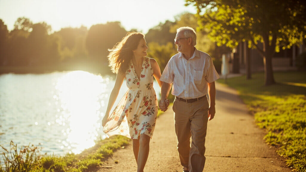 A happy retired couple enjoying a peaceful lakeside walk during their travels