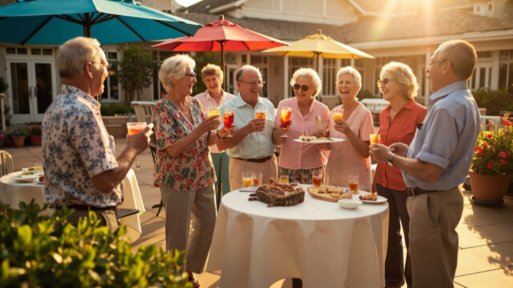 A lively group of seniors socializing at a 55+ community clubhouse event