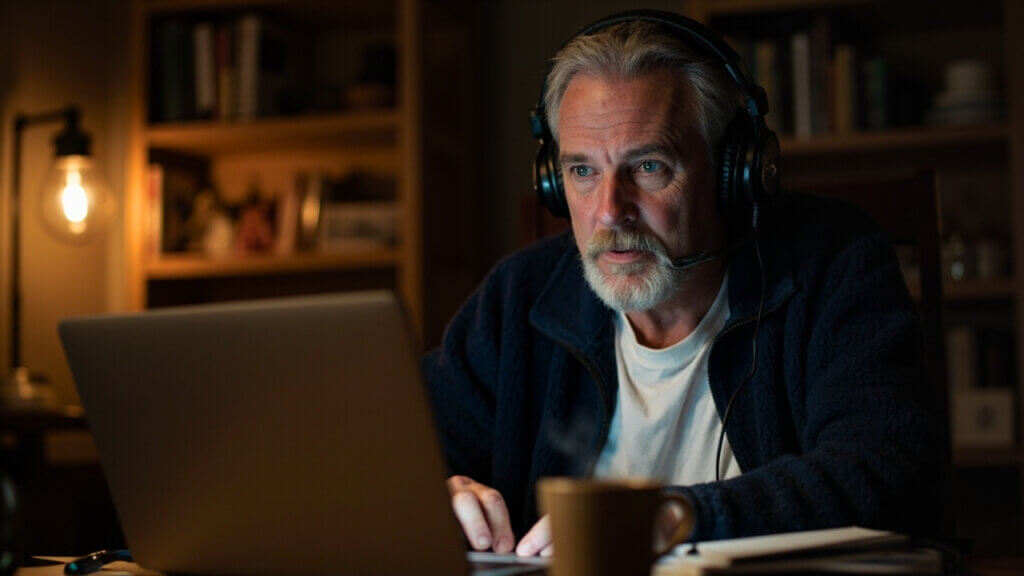 A man in his 50s attending an online college class from home