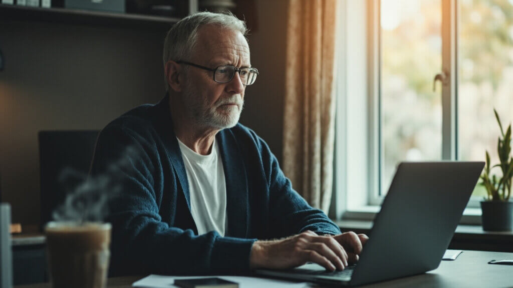 A man in his early 60s completing an online career certificate program from home