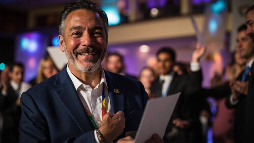 A man over 50 holding a scholarship award for adult learners at a community college ceremony