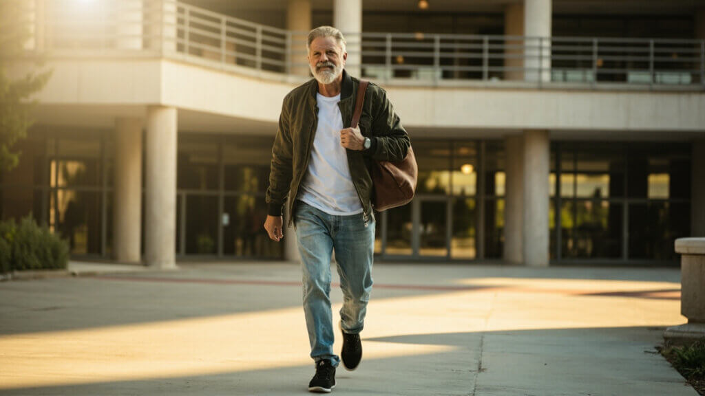 A mature adult student confidently entering a local college campus for his first day of class