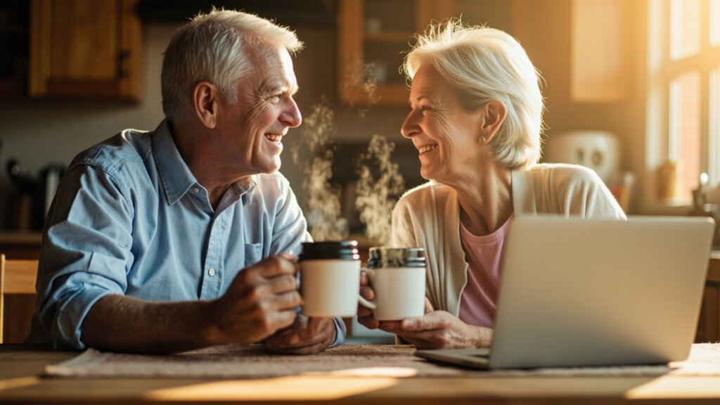 A mature couple smiling and enjoying coffee after completing a remote freelance project together