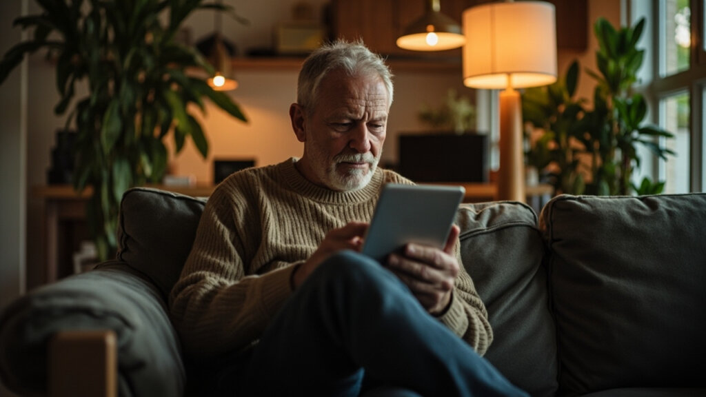 A mature man reviewing dating profiles on a senior-friendly dating app at home