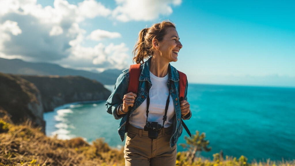 A mature traveler smiling while exploring a budget-friendly destination