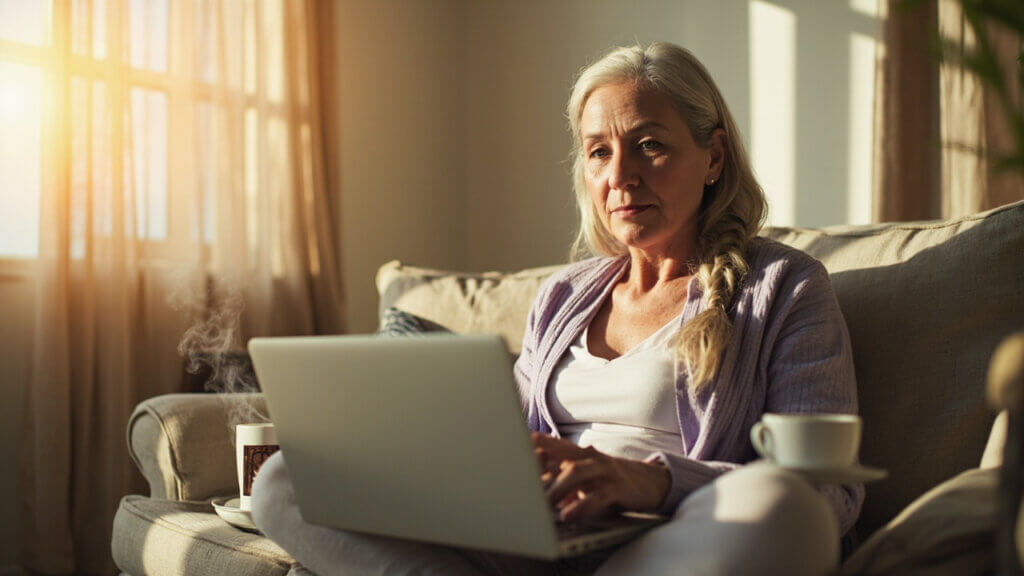 A mature woman in her 50s researching scholarships online from her living room