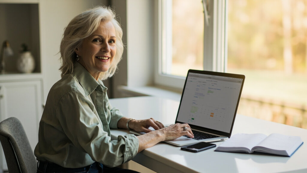 A mature woman managing appointments and emails as a remote virtual assistant