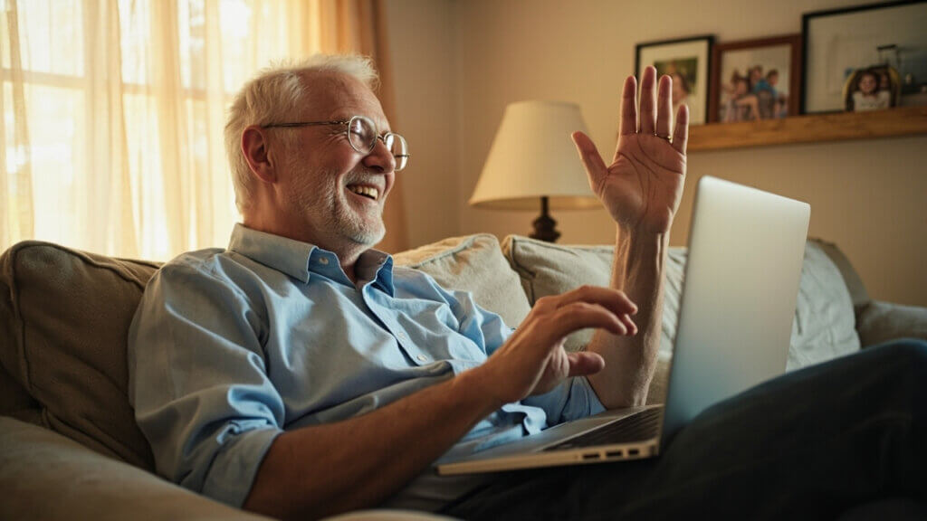A retired man laughing on a Zoom call with his grandchildren from his living room