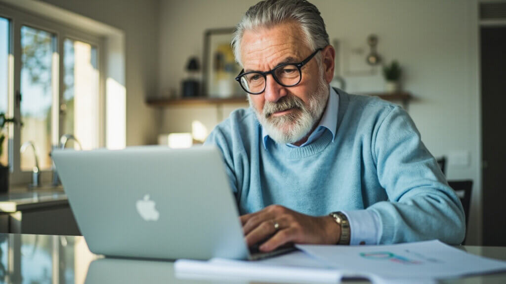 A retired man reviewing his retirement income strategies on a laptop at home
