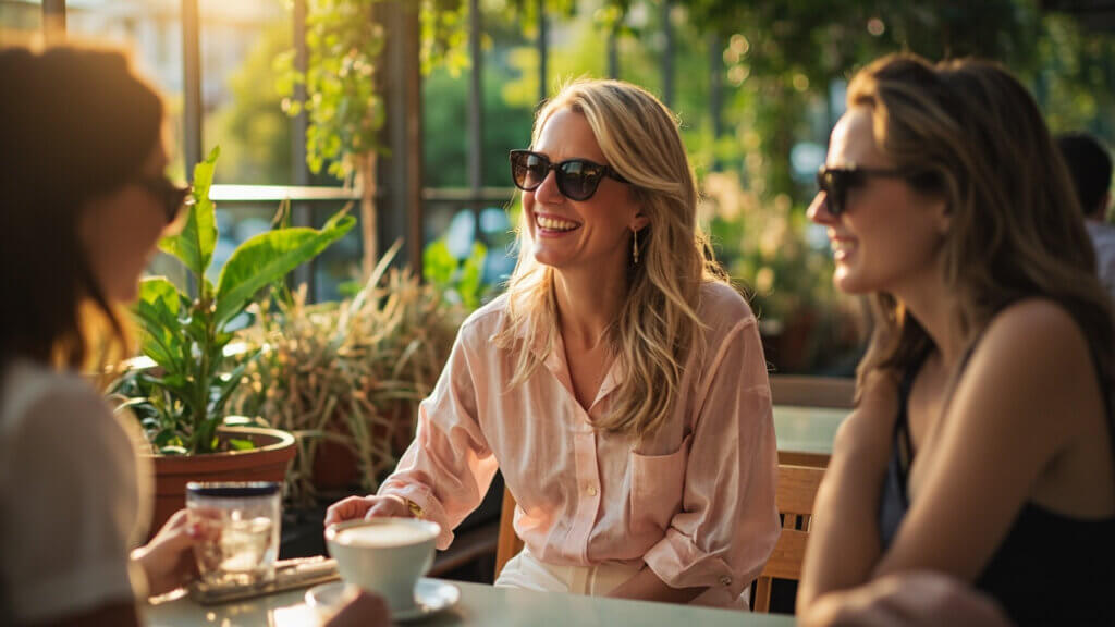 A retired woman enjoying a coffee chat with friends at a local café