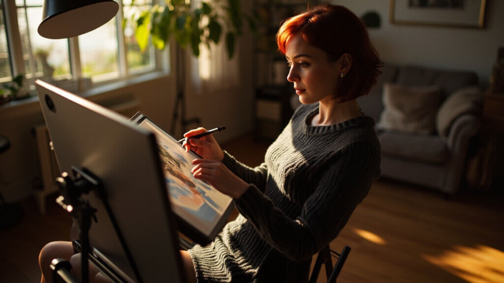A retired woman enjoying her new digital painting hobby at home