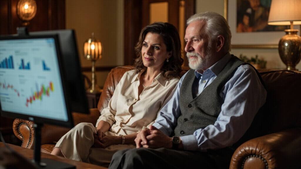 A senior couple discussing Roth IRA conversions with a financial planner in an office