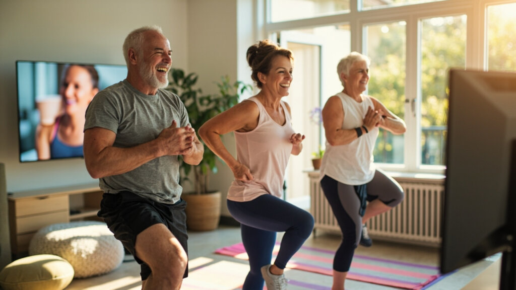 A senior couple enjoying a home workout session with an online fitness instructor
