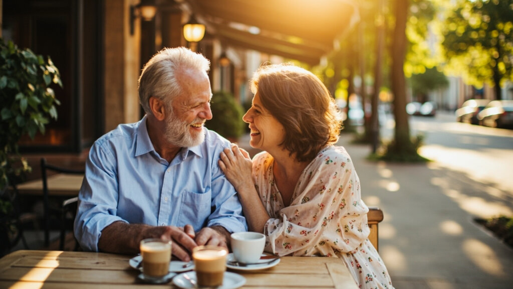 A senior couple meeting for the first time after connecting through a dating app