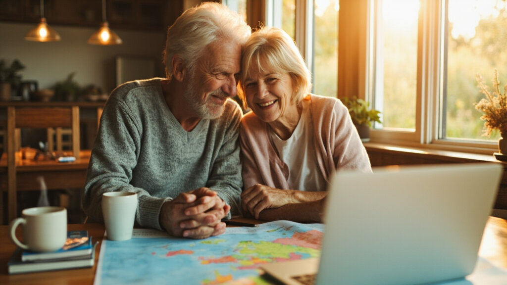 A senior couple planning an affordable travel adventure together at home