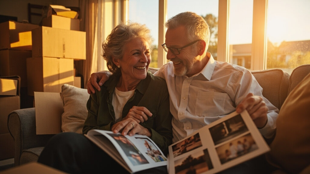 A senior couple sorting through belongings with smiles as they prepare for their new lifestyle