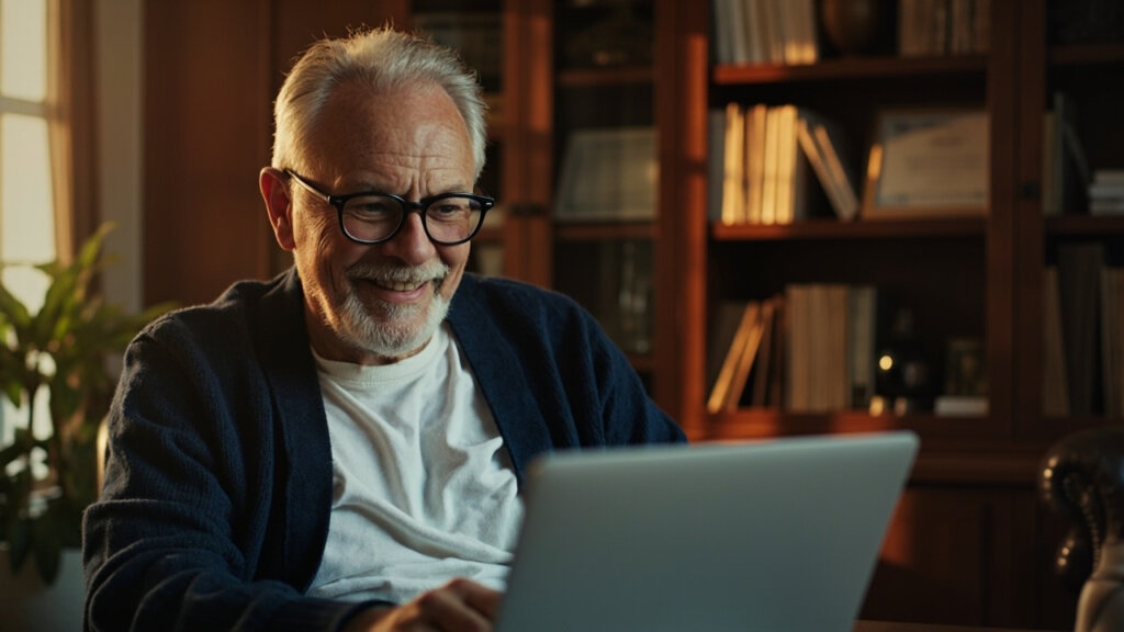 A senior freelancer tutoring a young student online from his home office
