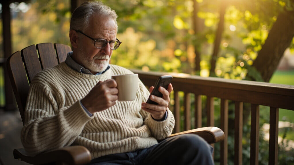 A senior man browsing the news and weather on his smartphone with coffee in hand