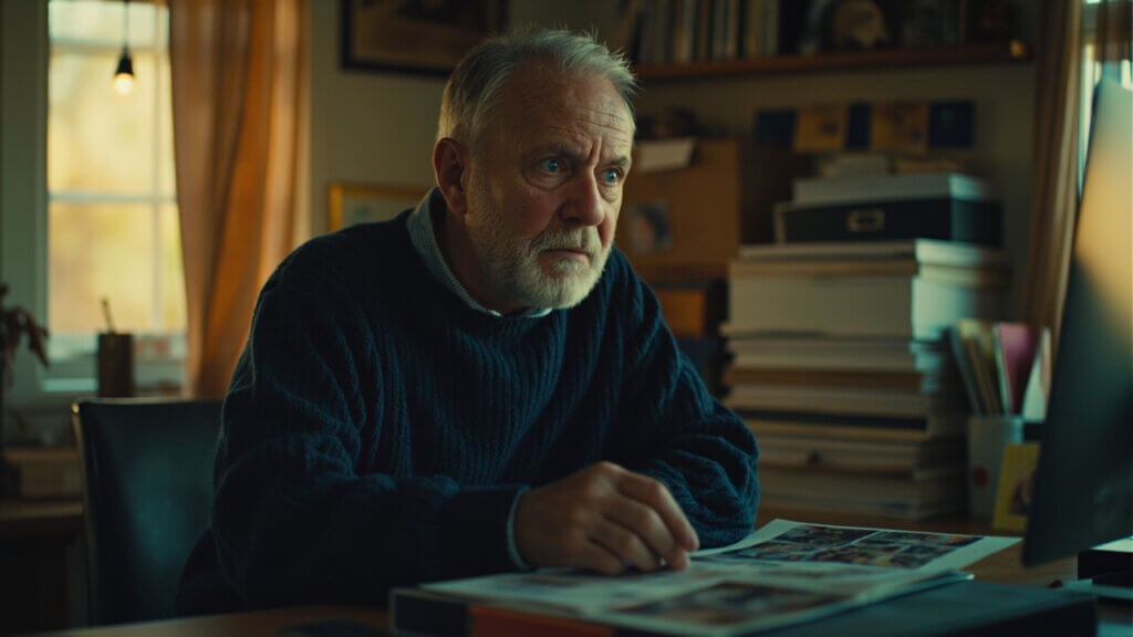 A senior man digitizing family photos while preparing to move to a smaller home
