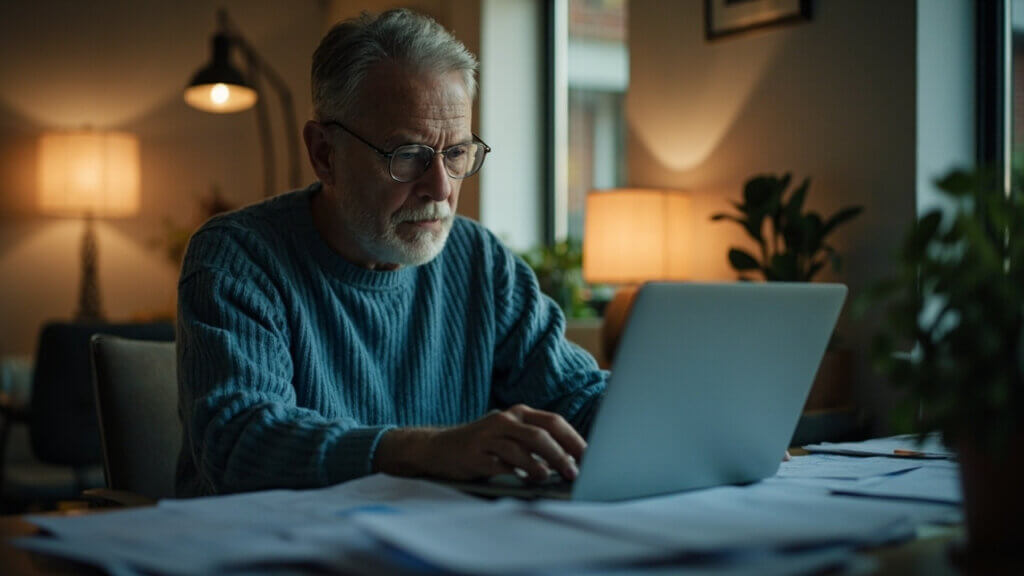 A senior man managing his RMDs online with tax documents open beside him