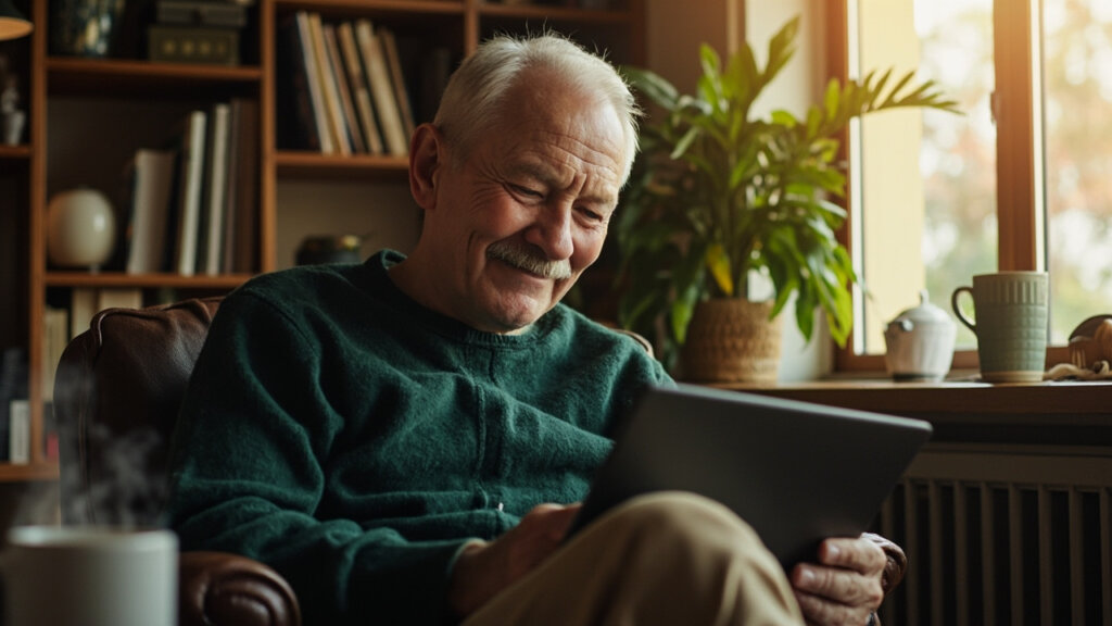 A senior man reviewing his free course certificate after completing an online program