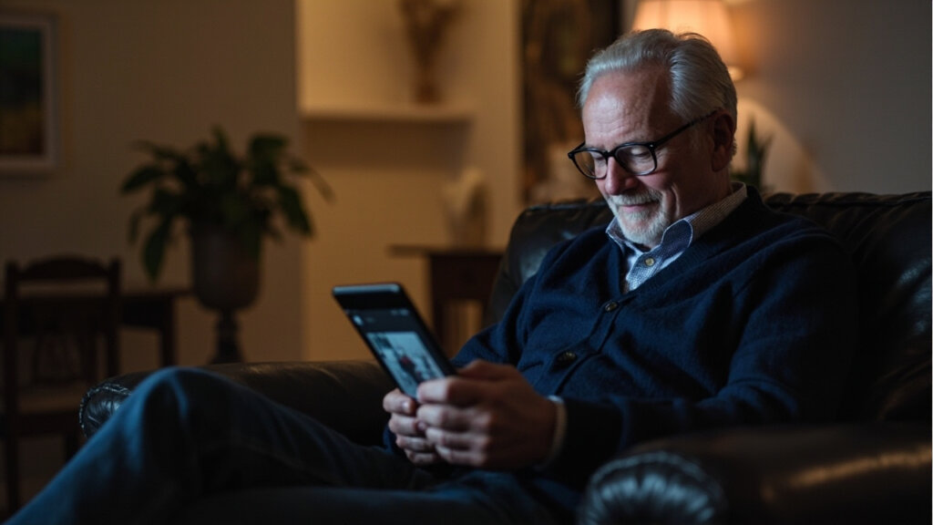 A senior man using a tablet to view a visitor through his smart doorbell camera