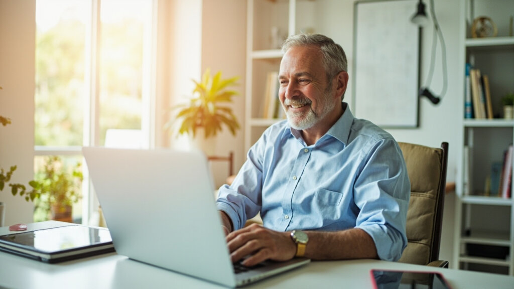 A senior man working remotely from home with a relaxed and focused expression